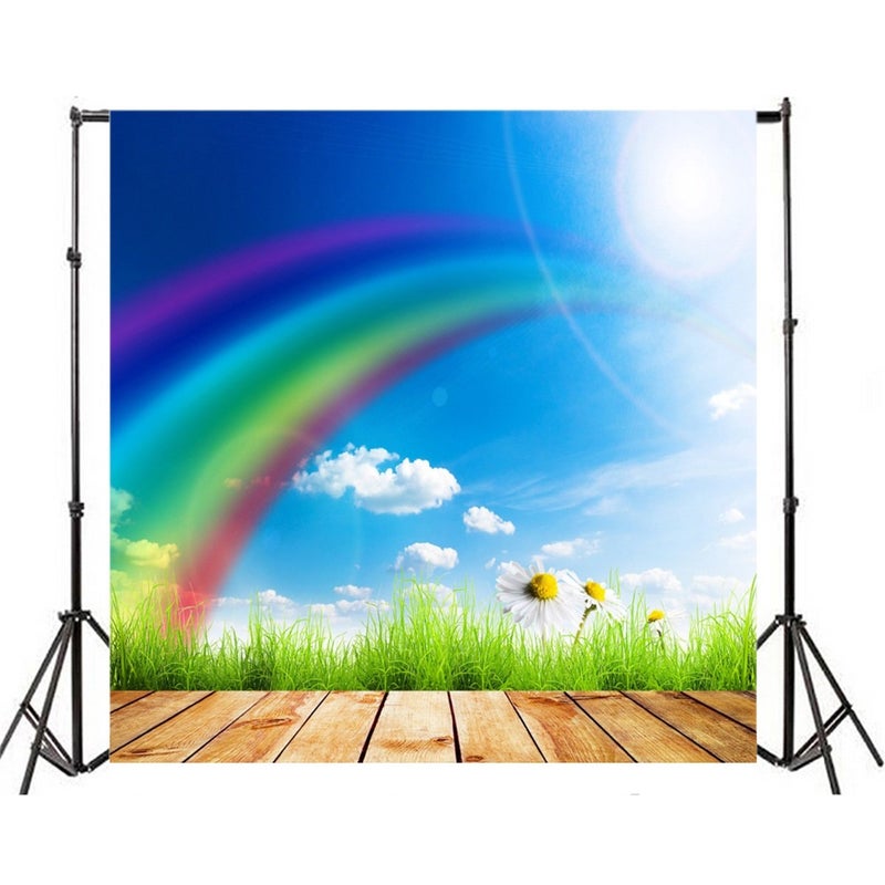 AOFOTO 5x5ft Spring Sunny Photography Backdrop Rainbow Green Grass Background Blue Sky White Cloud Floret Flower Newborn Toddler Kid Baby Girl Boy Artistic Portrait Photo Studio Props Easter Wallpaper - Image 3